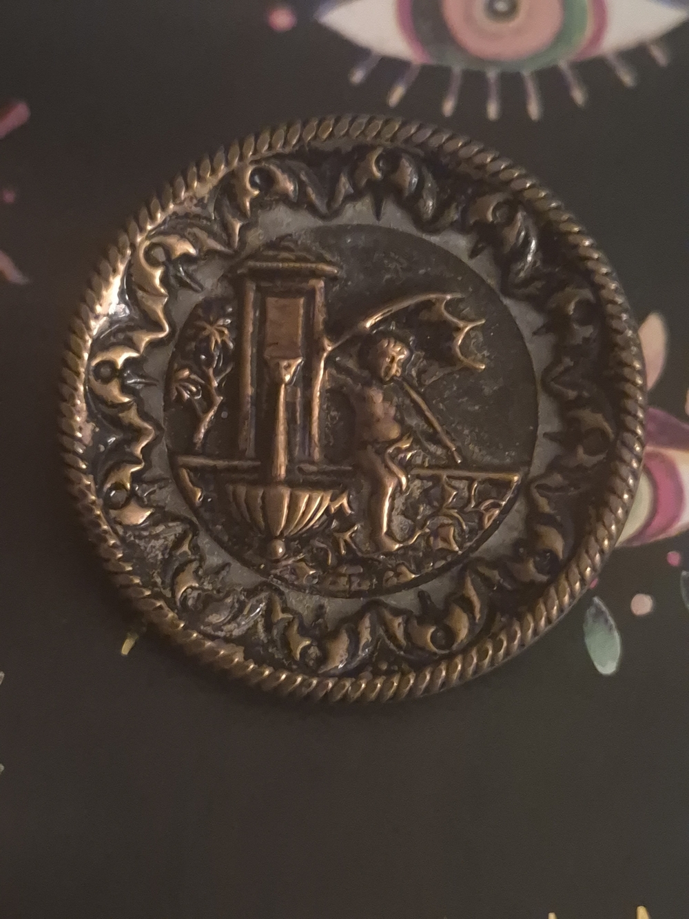 Vintage Brass Picture Story Button 80's-90's